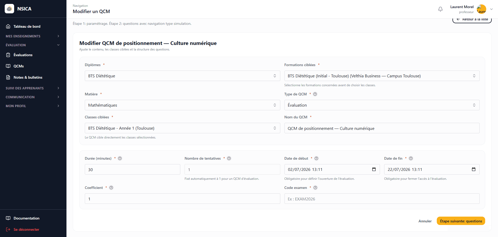 QCM et auto-évaluation dans NSica