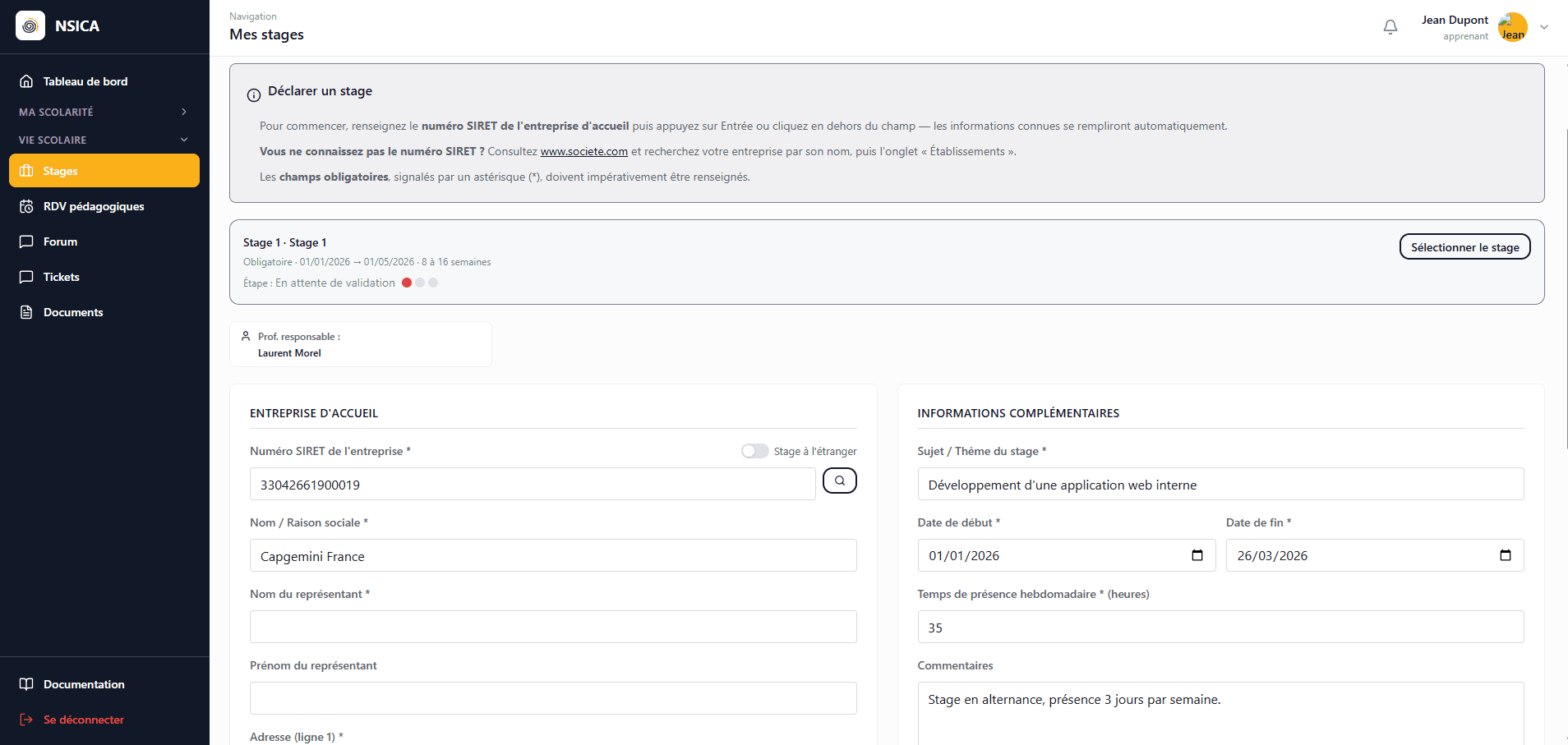Gestion de l'alternance et des stages dans NSICA